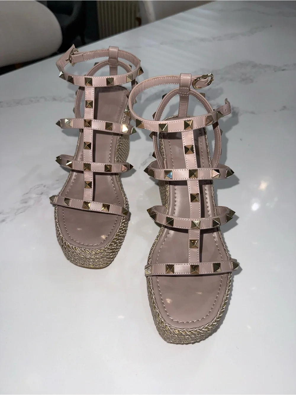 Valentino Pink Rockstud Espadrille Wedge Sandals